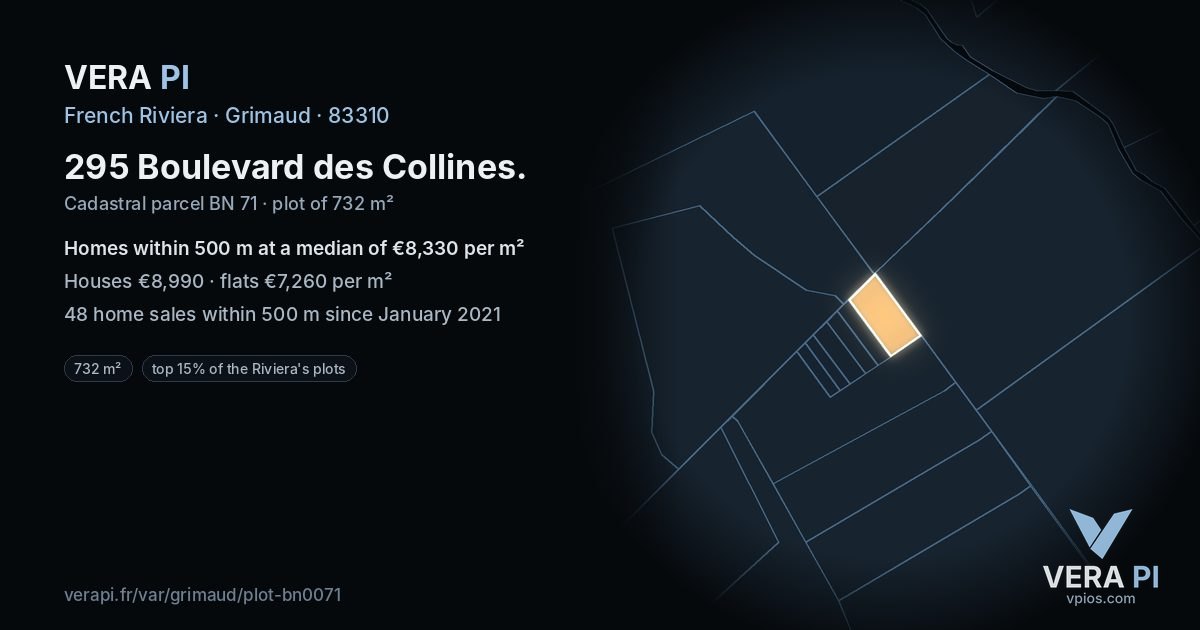 295 Boulevard des Collines, Grimaud at night – the plot lit, the parcels around coloured by the prices near them