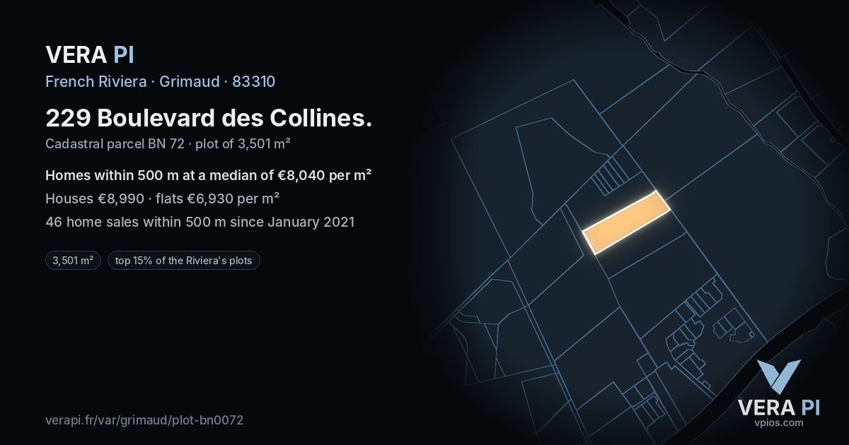 229 Boulevard des Collines, Grimaud at night – the plot lit, the parcels around coloured by the prices near them