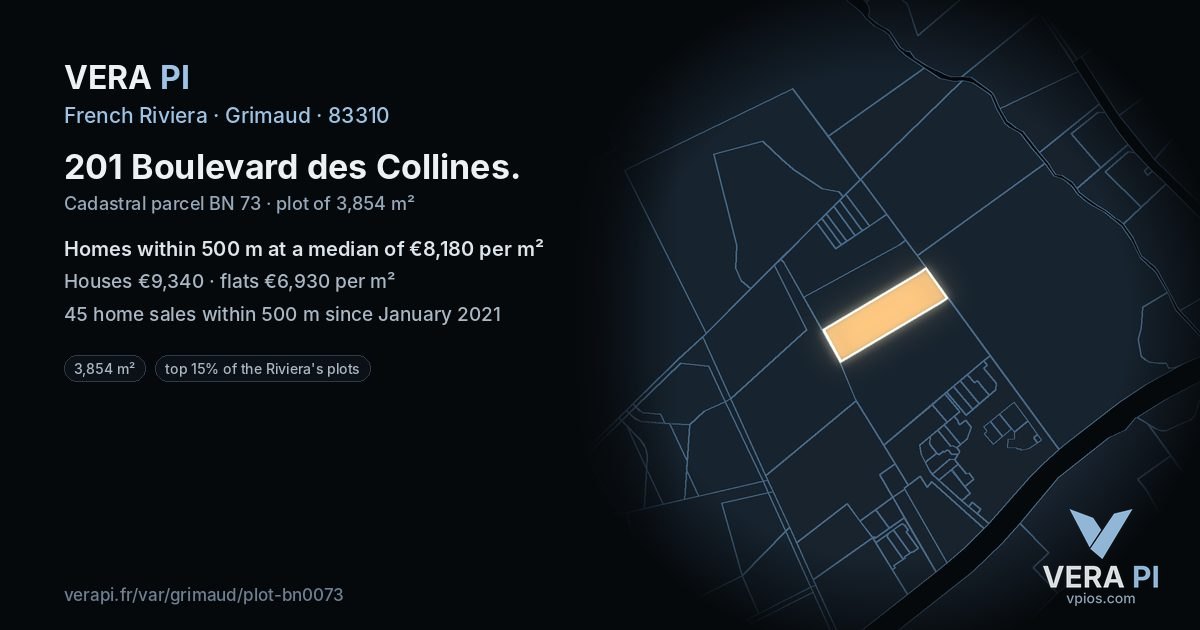 201 Boulevard des Collines, Grimaud at night – the plot lit, the parcels around coloured by the prices near them
