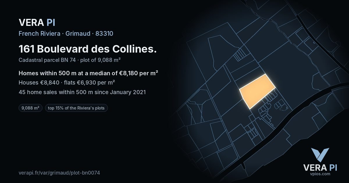 161 Boulevard des Collines, Grimaud at night – the plot lit, the parcels around coloured by the prices near them