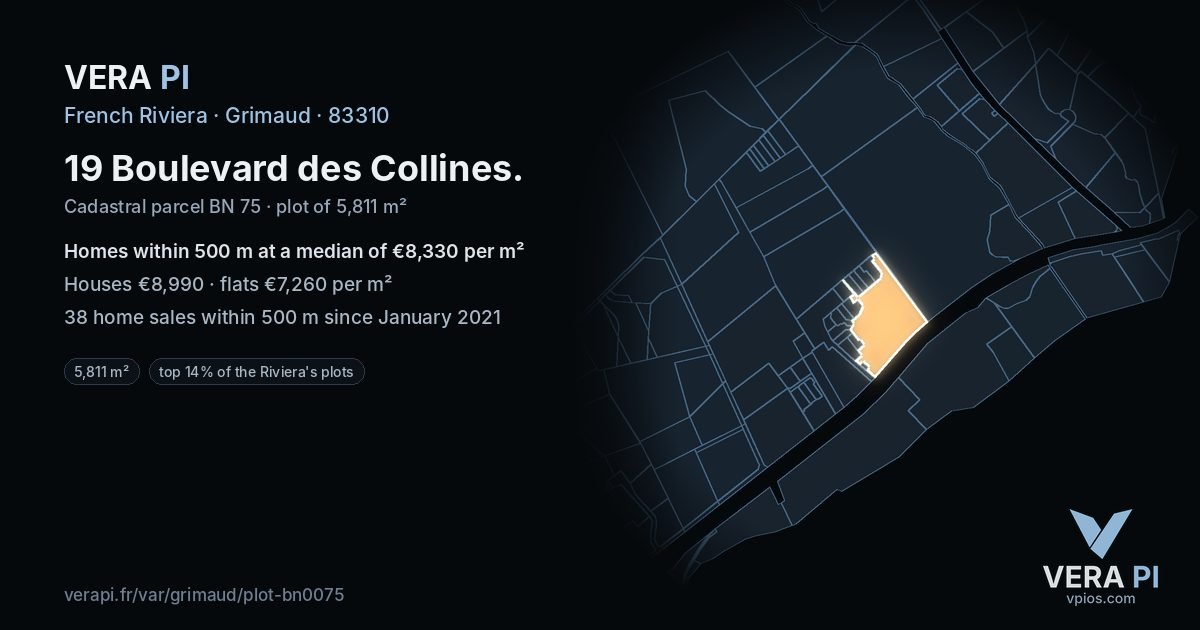 19 Boulevard des Collines, Grimaud at night – the plot lit, the parcels around coloured by the prices near them