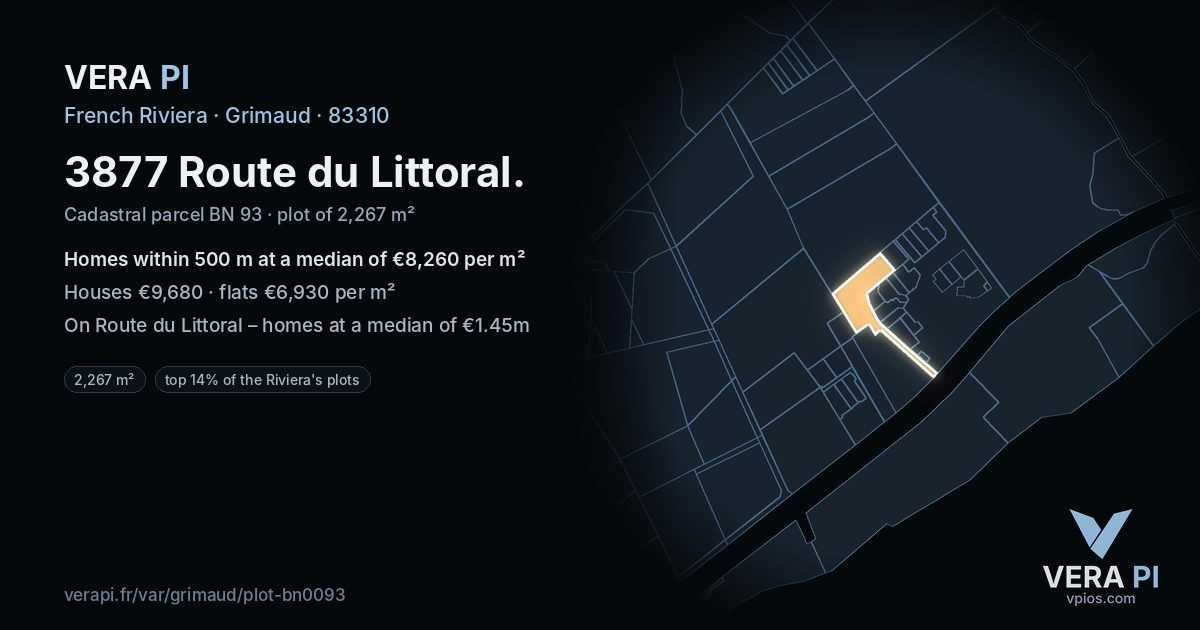 3877 Route du Littoral, Grimaud at night – the plot lit, the parcels around coloured by the prices near them
