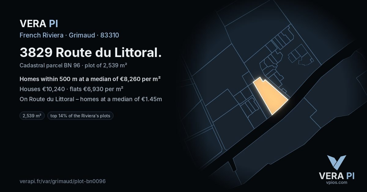 3829 Route du Littoral, Grimaud at night – the plot lit, the parcels around coloured by the prices near them