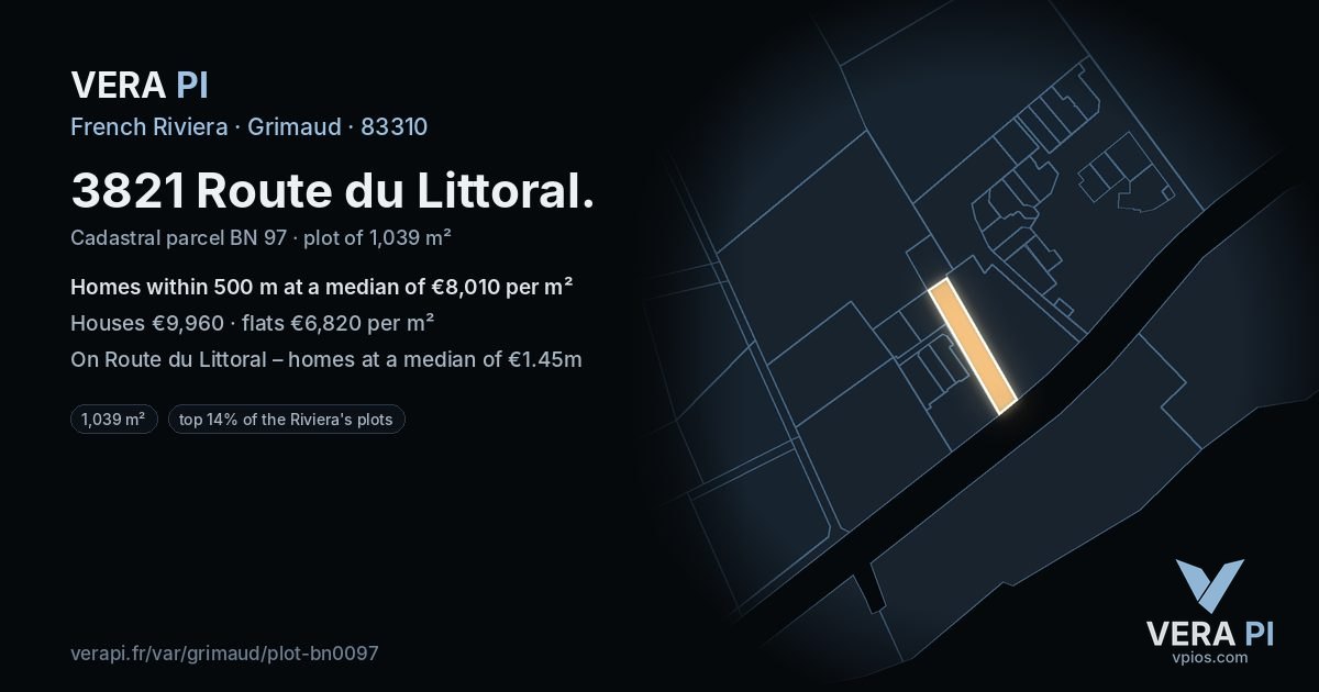 3821 Route du Littoral, Grimaud at night – the plot lit, the parcels around coloured by the prices near them