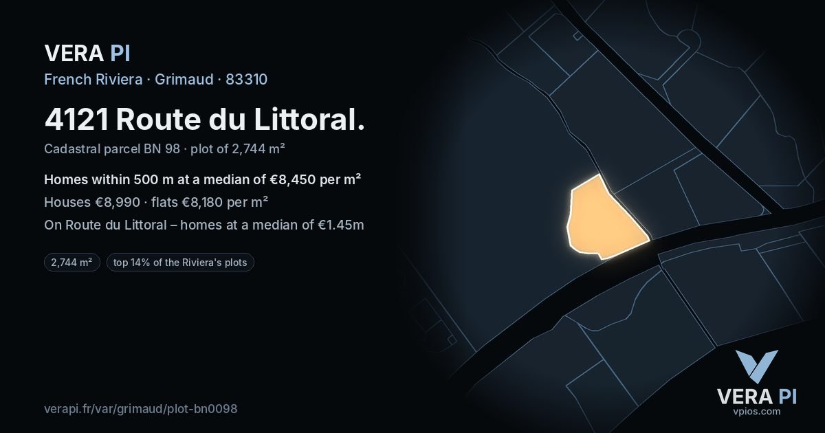4121 Route du Littoral, Grimaud at night – the plot lit, the parcels around coloured by the prices near them