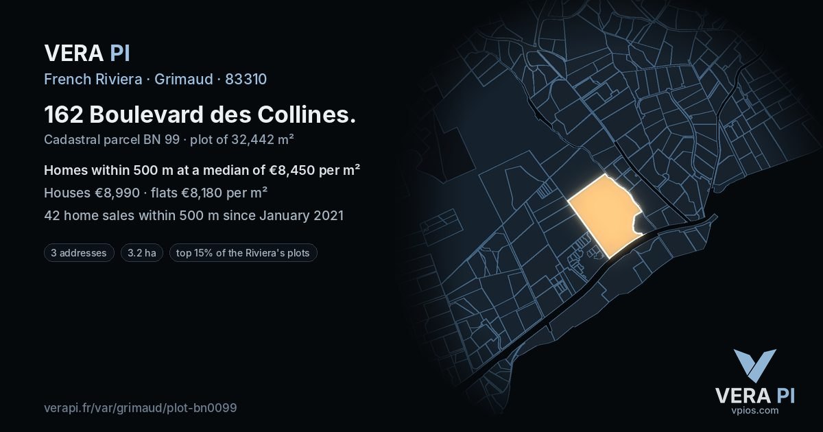162 Boulevard des Collines, Grimaud at night – the plot lit, the parcels around coloured by the prices near them