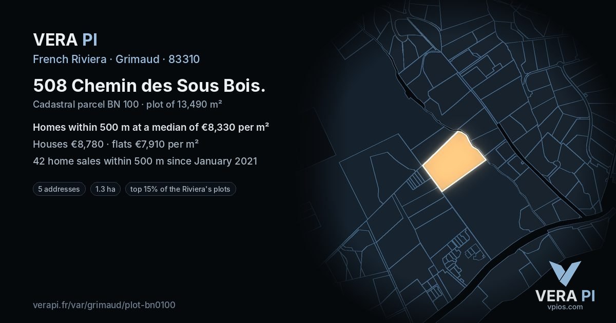 508 Chemin des Sous Bois, Grimaud at night – the plot lit, the parcels around coloured by the prices near them
