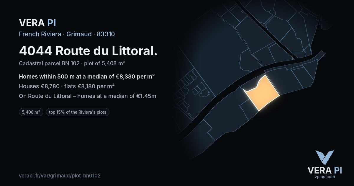 4044 Route du Littoral, Grimaud at night – the plot lit, the parcels around coloured by the prices near them