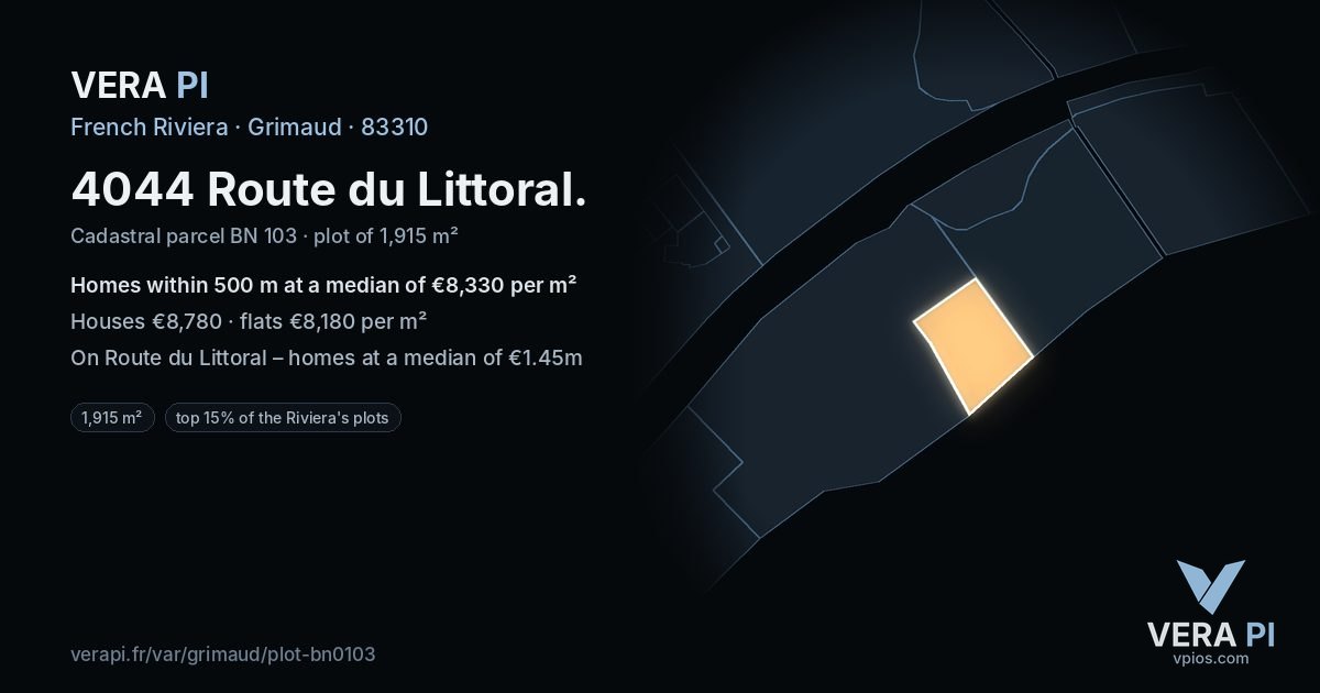 4044 Route du Littoral, Grimaud at night – the plot lit, the parcels around coloured by the prices near them