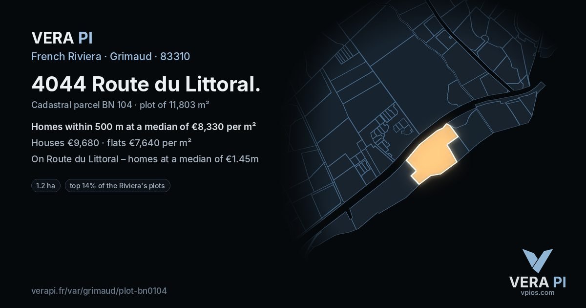 4044 Route du Littoral, Grimaud at night – the plot lit, the parcels around coloured by the prices near them