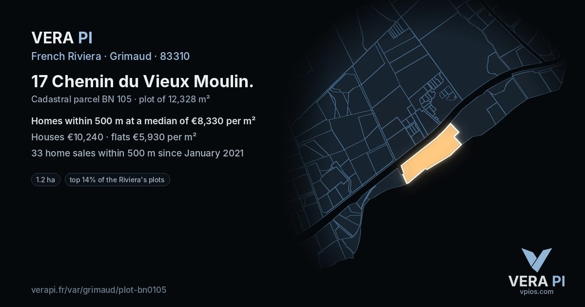 17 Chemin du Vieux Moulin, Grimaud at night – the plot lit, the parcels around coloured by the prices near them