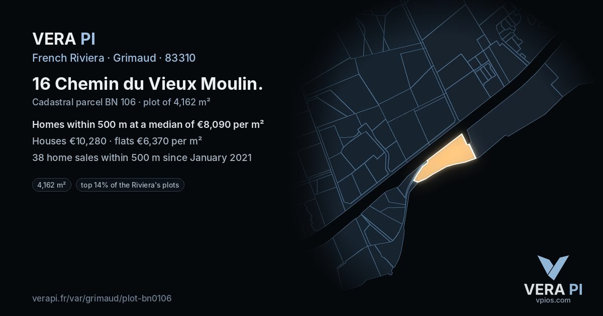16 Chemin du Vieux Moulin, Grimaud at night – the plot lit, the parcels around coloured by the prices near them