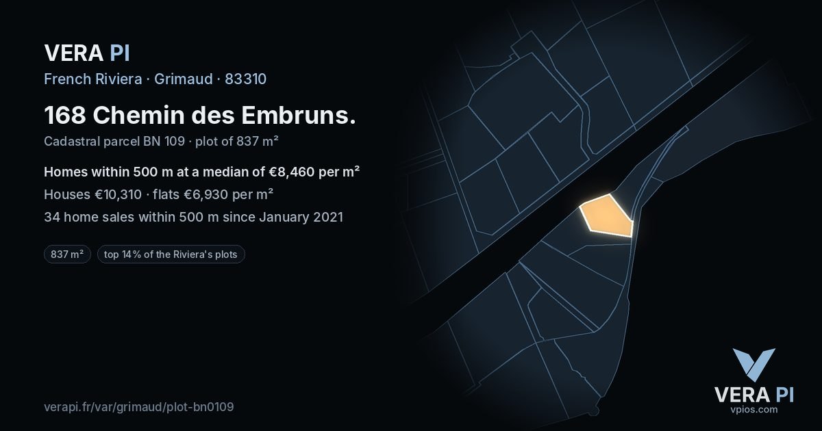 168 Chemin des Embruns, Grimaud at night – the plot lit, the parcels around coloured by the prices near them