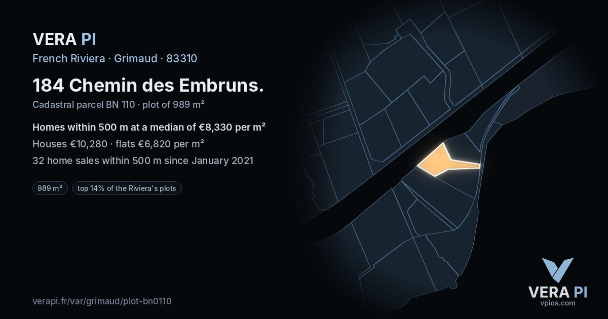 184 Chemin des Embruns, Grimaud at night – the plot lit, the parcels around coloured by the prices near them