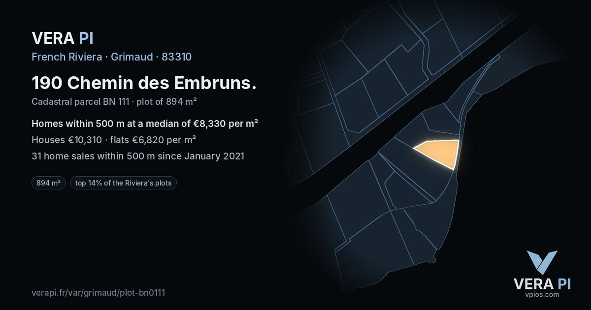 190 Chemin des Embruns, Grimaud at night – the plot lit, the parcels around coloured by the prices near them