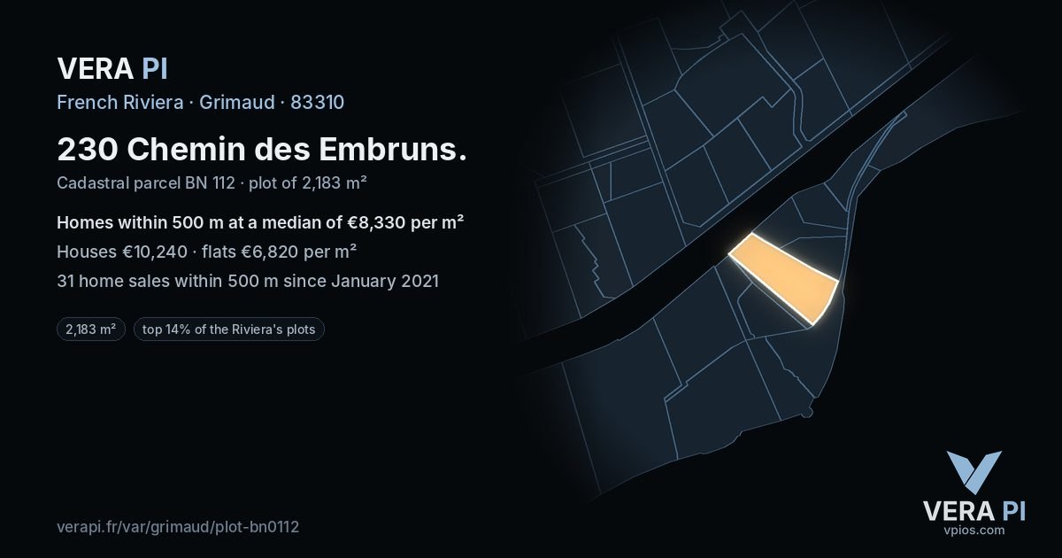 230 Chemin des Embruns, Grimaud at night – the plot lit, the parcels around coloured by the prices near them