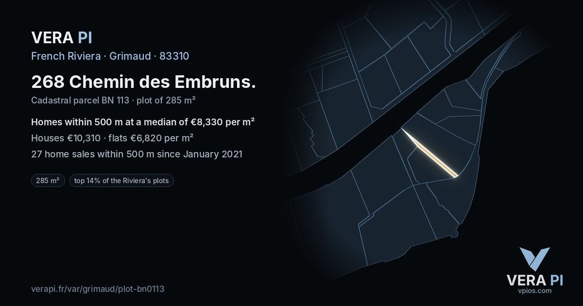 268 Chemin des Embruns, Grimaud at night – the plot lit, the parcels around coloured by the prices near them