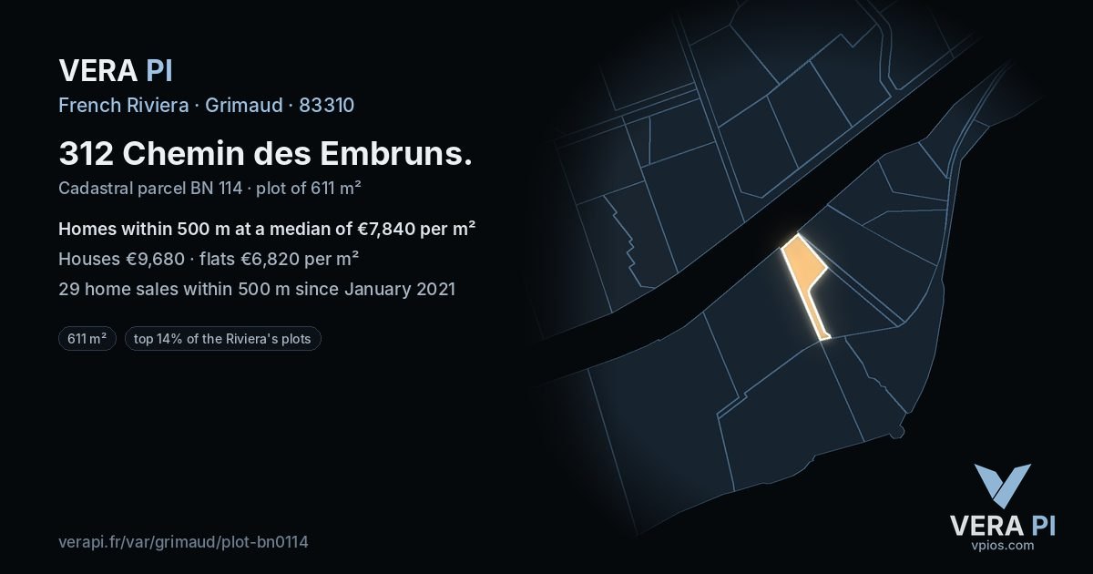 312 Chemin des Embruns, Grimaud at night – the plot lit, the parcels around coloured by the prices near them