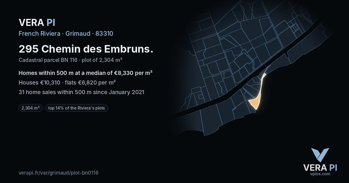295 Chemin des Embruns, Grimaud at night – the plot lit, the parcels around coloured by the prices near them