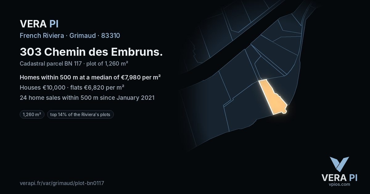 303 Chemin des Embruns, Grimaud at night – the plot lit, the parcels around coloured by the prices near them