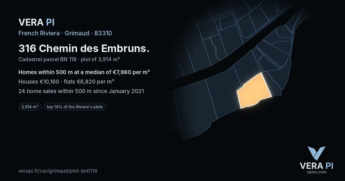 316 Chemin des Embruns, Grimaud at night – the plot lit, the parcels around coloured by the prices near them