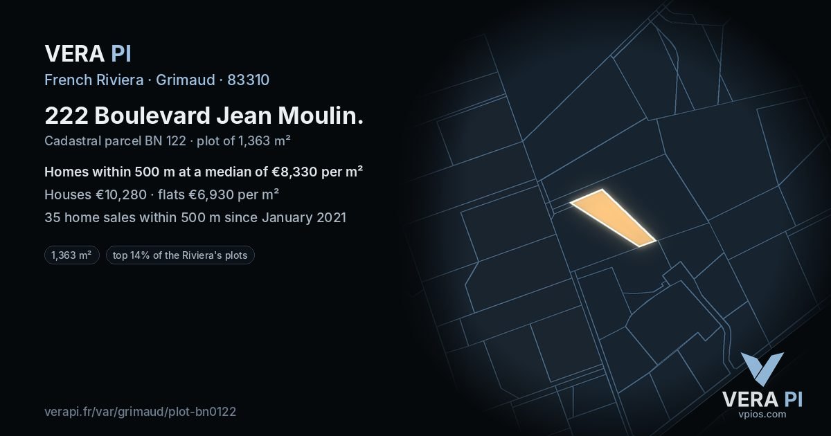 222 Boulevard Jean Moulin, Grimaud at night – the plot lit, the parcels around coloured by the prices near them