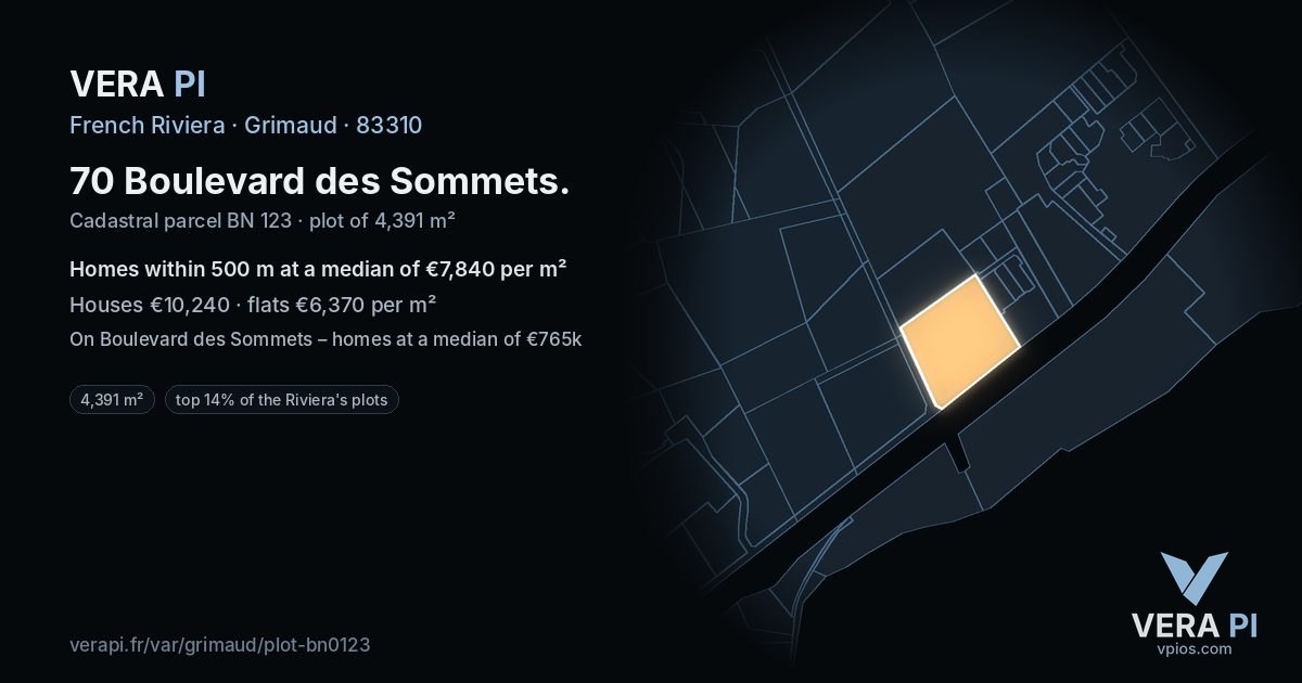 70 Boulevard des Sommets, Grimaud at night – the plot lit, the parcels around coloured by the prices near them