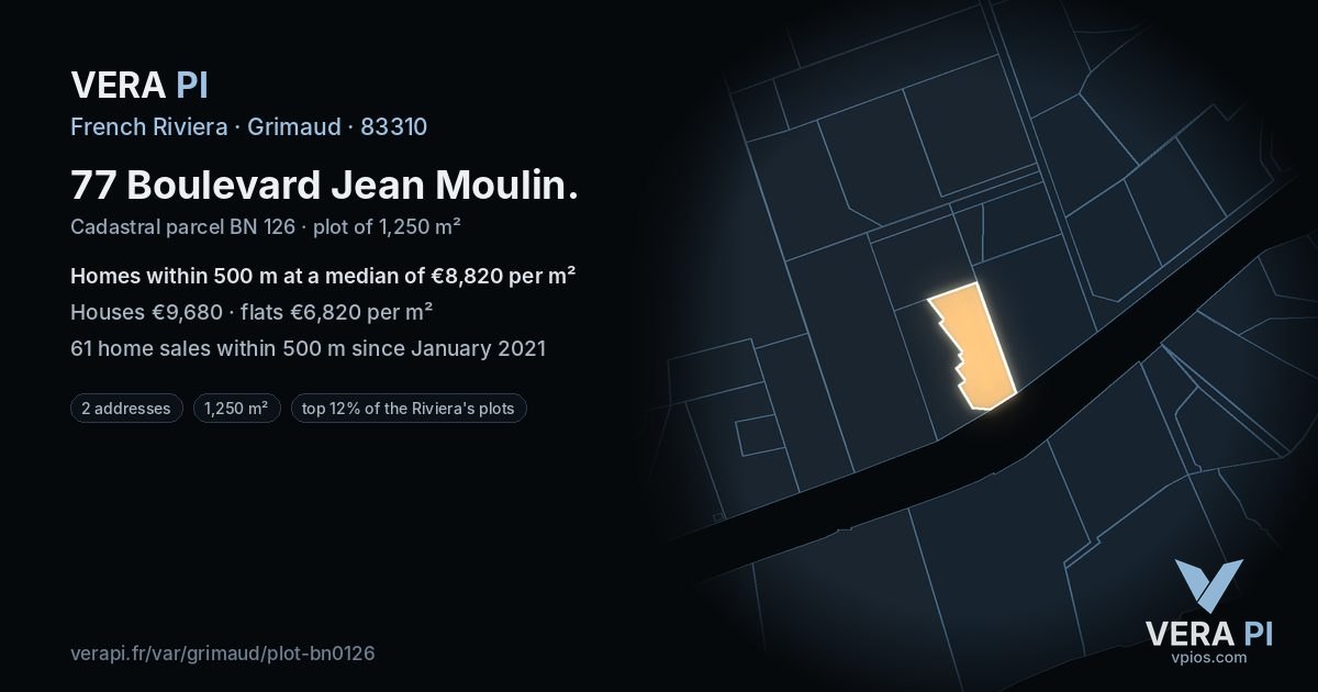 77 Boulevard Jean Moulin, Grimaud at night – the plot lit, the parcels around coloured by the prices near them