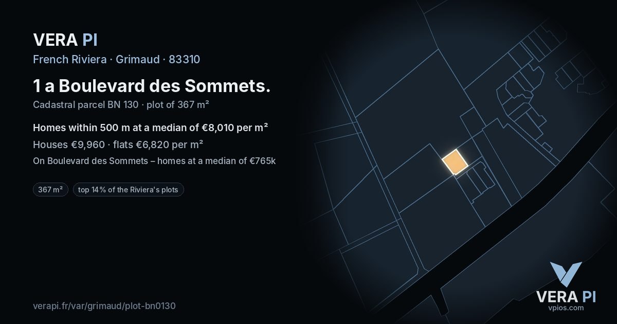 1 a Boulevard des Sommets, Grimaud at night – the plot lit, the parcels around coloured by the prices near them