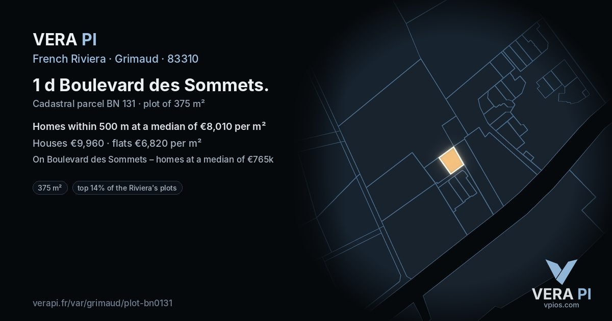 1 d Boulevard des Sommets, Grimaud at night – the plot lit, the parcels around coloured by the prices near them