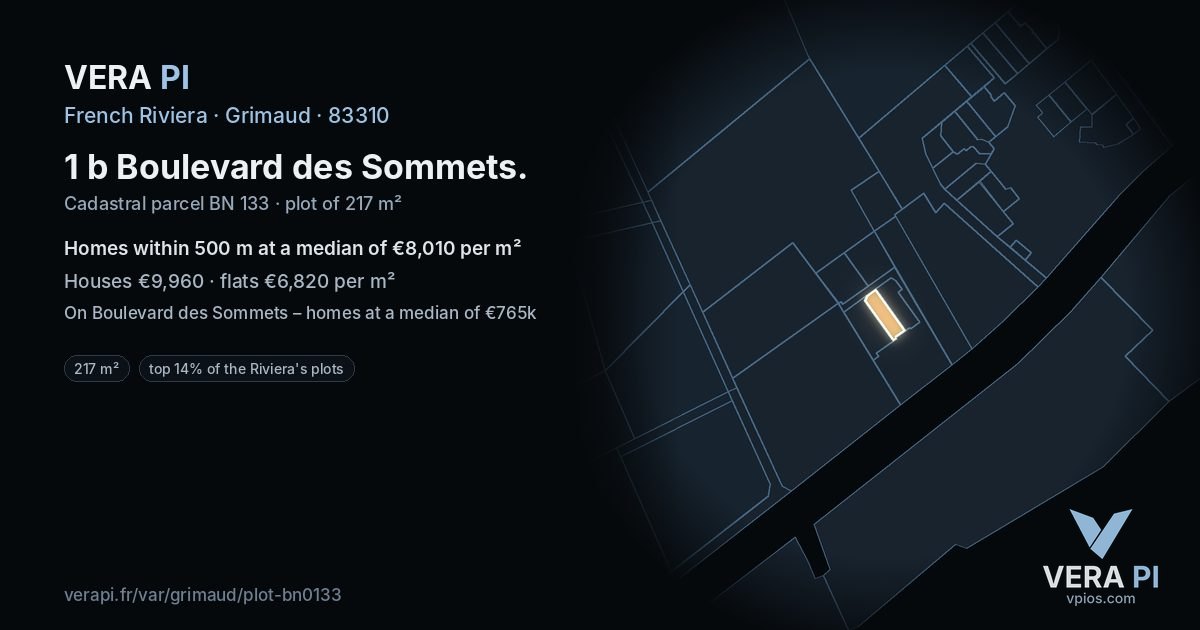 1 b Boulevard des Sommets, Grimaud at night – the plot lit, the parcels around coloured by the prices near them