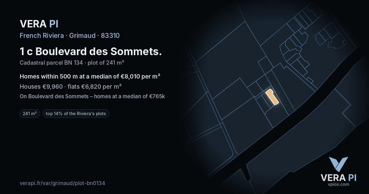 1 c Boulevard des Sommets, Grimaud at night – the plot lit, the parcels around coloured by the prices near them