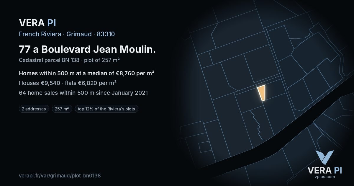 77 a Boulevard Jean Moulin, Grimaud at night – the plot lit, the parcels around coloured by the prices near them