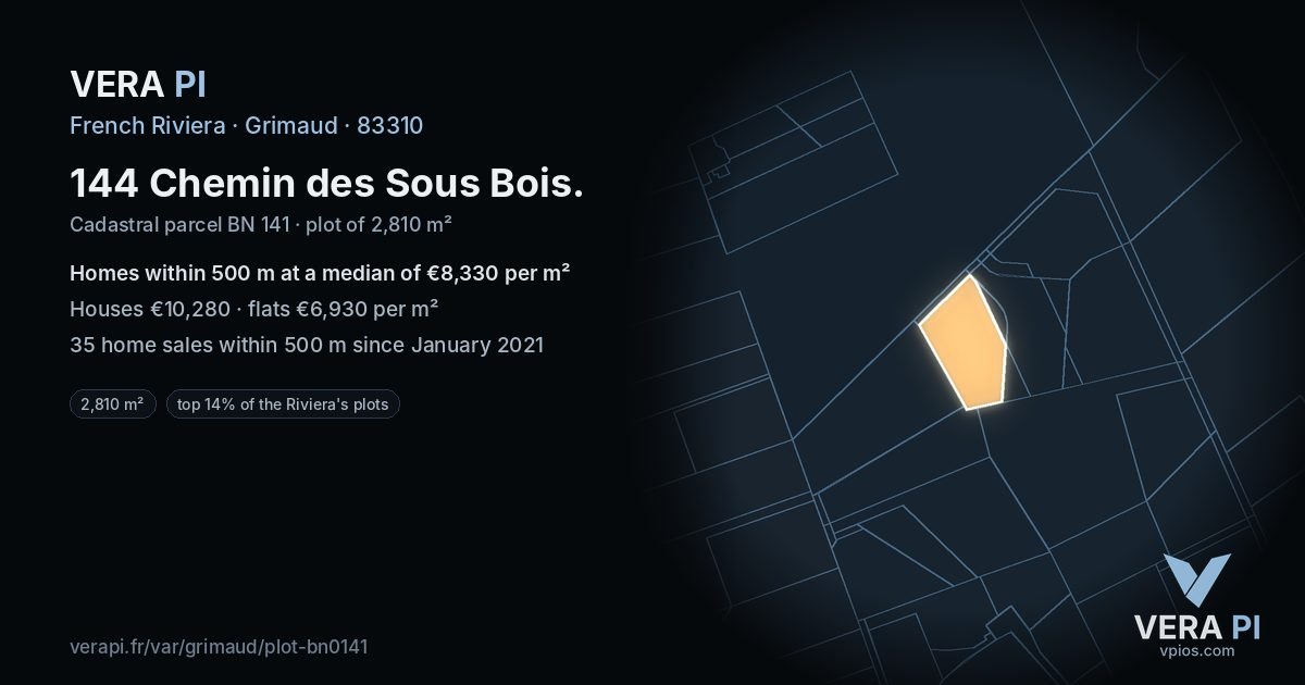 144 Chemin des Sous Bois, Grimaud at night – the plot lit, the parcels around coloured by the prices near them