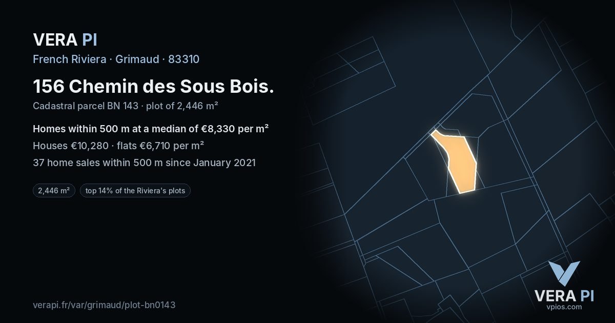 156 Chemin des Sous Bois, Grimaud at night – the plot lit, the parcels around coloured by the prices near them