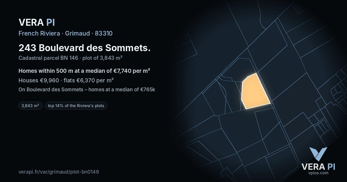 243 Boulevard des Sommets, Grimaud at night – the plot lit, the parcels around coloured by the prices near them