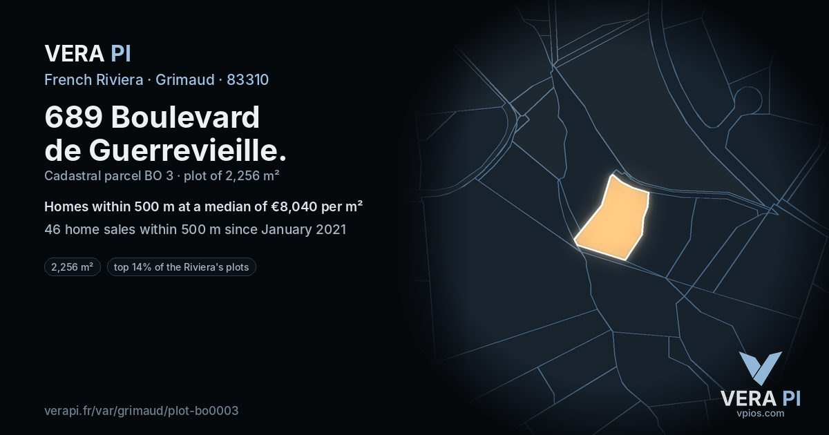 689 Boulevard de Guerrevieille, Grimaud at night – the plot lit, the parcels around coloured by the prices near them