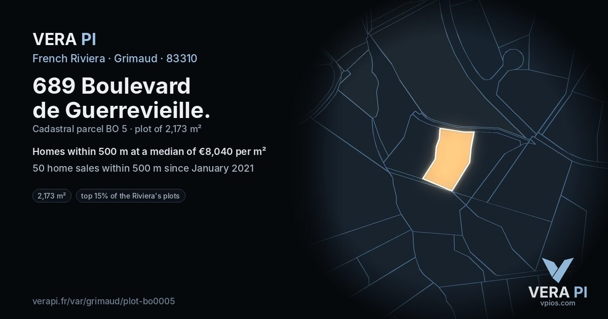 689 Boulevard de Guerrevieille, Grimaud at night – the plot lit, the parcels around coloured by the prices near them