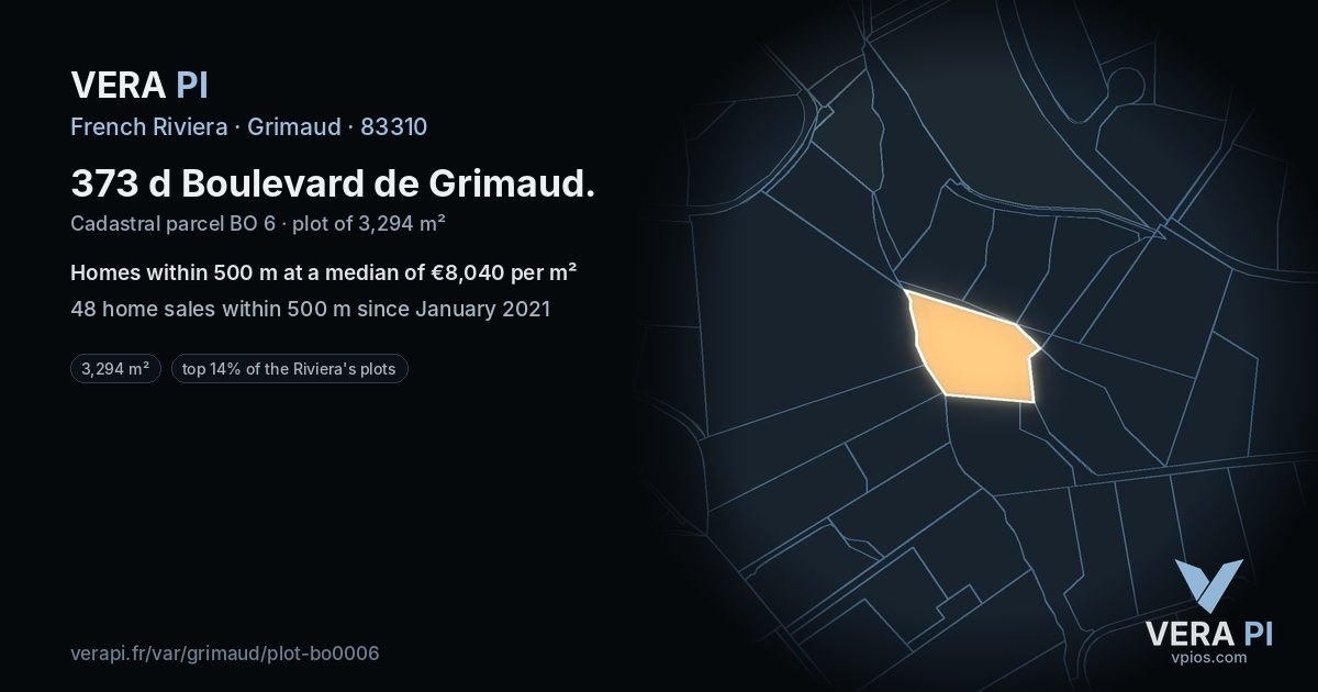 373 d Boulevard de Grimaud, Grimaud at night – the plot lit, the parcels around coloured by the prices near them