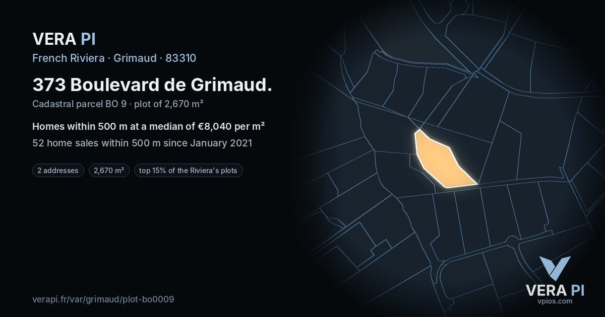 373 Boulevard de Grimaud, Grimaud at night – the plot lit, the parcels around coloured by the prices near them