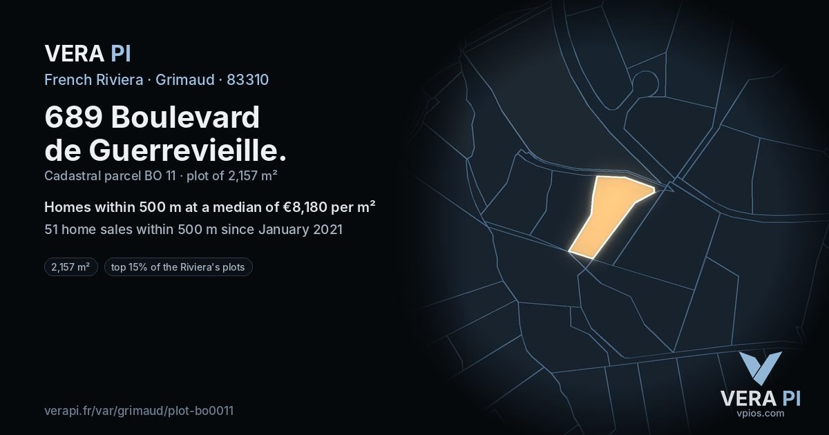 689 Boulevard de Guerrevieille, Grimaud at night – the plot lit, the parcels around coloured by the prices near them