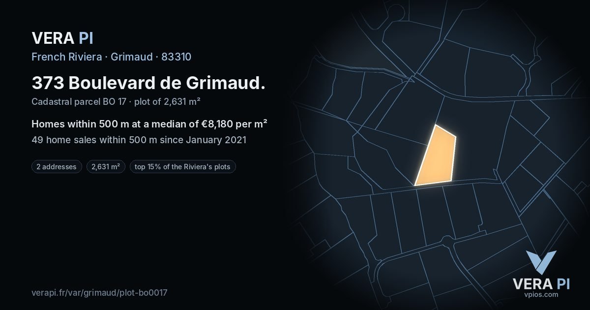 373 Boulevard de Grimaud, Grimaud at night – the plot lit, the parcels around coloured by the prices near them