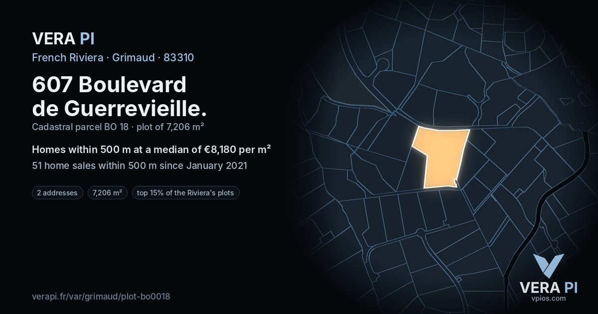607 Boulevard de Guerrevieille, Grimaud at night – the plot lit, the parcels around coloured by the prices near them