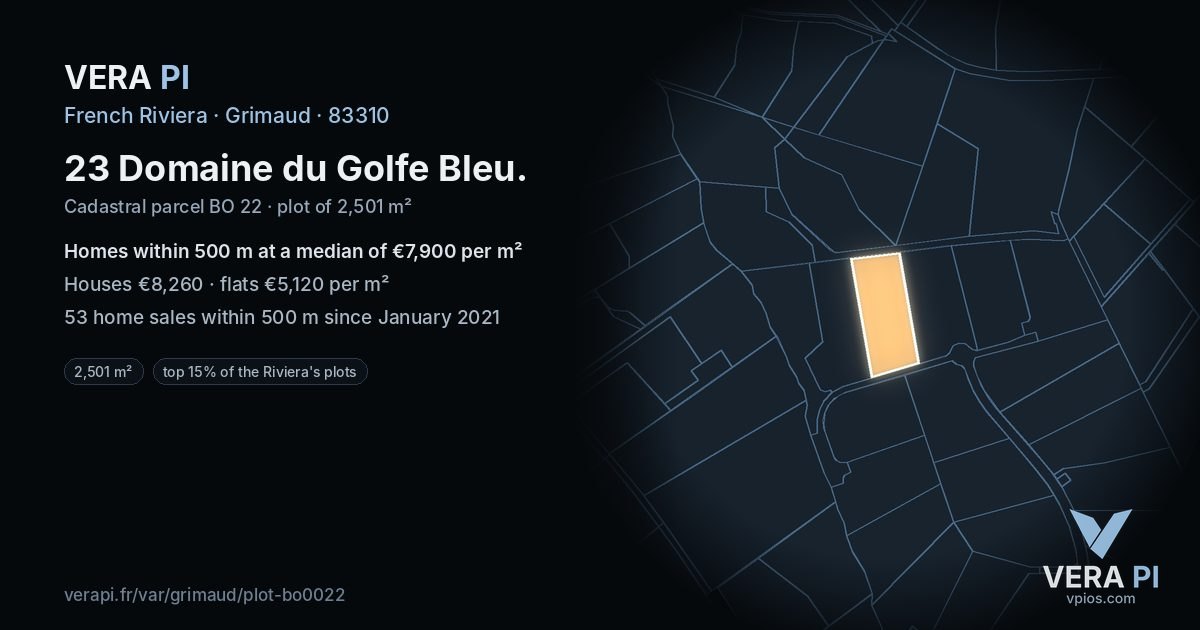 23 Domaine du Golfe Bleu, Grimaud at night – the plot lit, the parcels around coloured by the prices near them