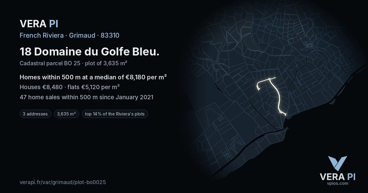 18 Domaine du Golfe Bleu, Grimaud at night – the plot lit, the parcels around coloured by the prices near them