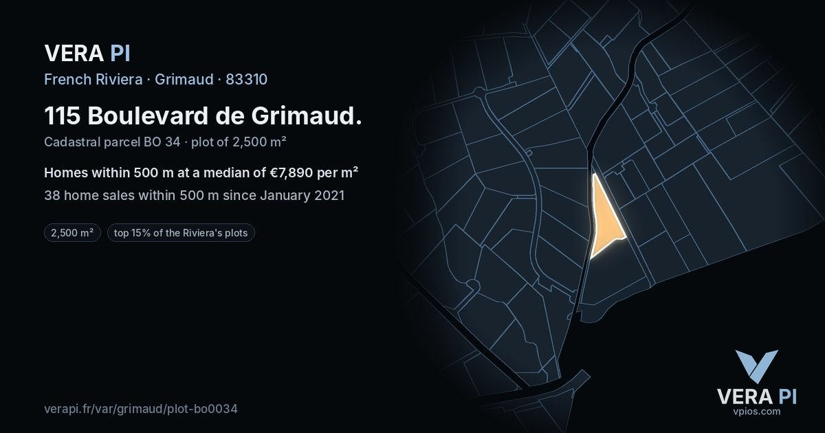 115 Boulevard de Grimaud, Grimaud at night – the plot lit, the parcels around coloured by the prices near them