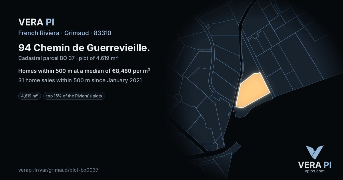 94 Chemin de Guerrevieille, Grimaud at night – the plot lit, the parcels around coloured by the prices near them