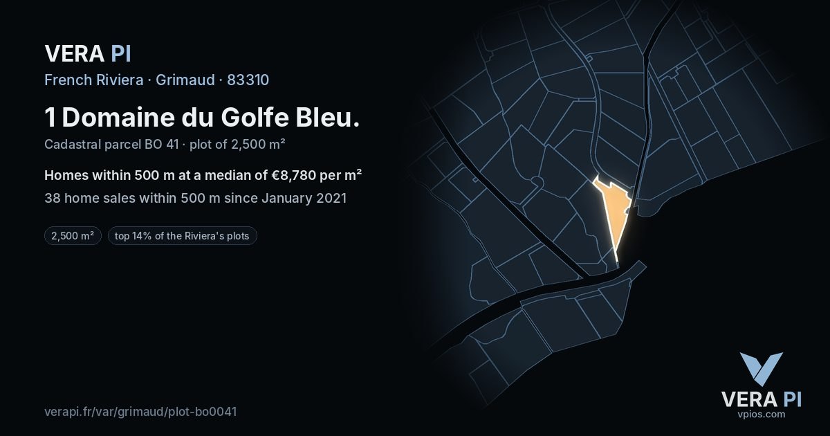1 Domaine du Golfe Bleu, Grimaud at night – the plot lit, the parcels around coloured by the prices near them