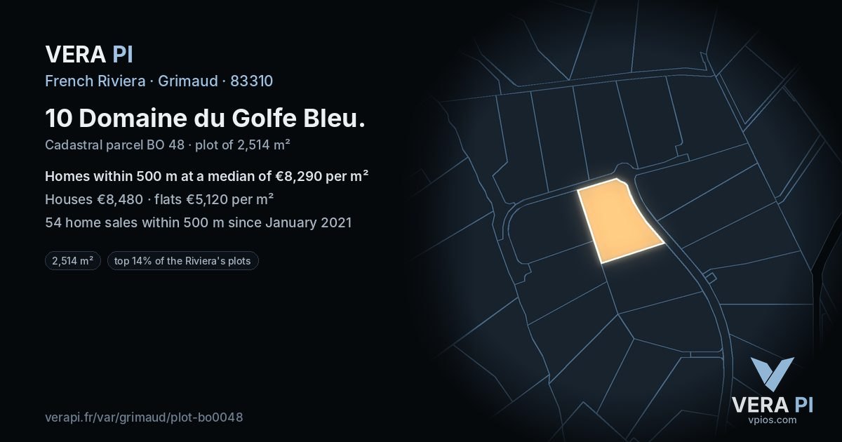 10 Domaine du Golfe Bleu, Grimaud at night – the plot lit, the parcels around coloured by the prices near them