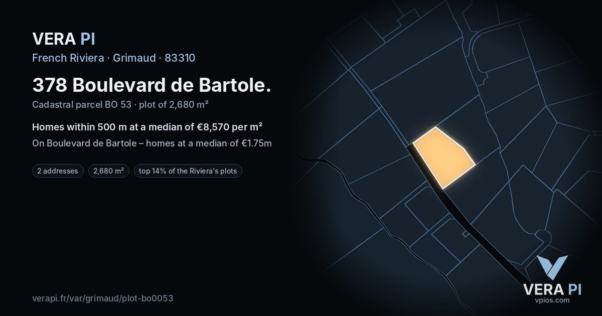 378 Boulevard de Bartole, Grimaud at night – the plot lit, the parcels around coloured by the prices near them